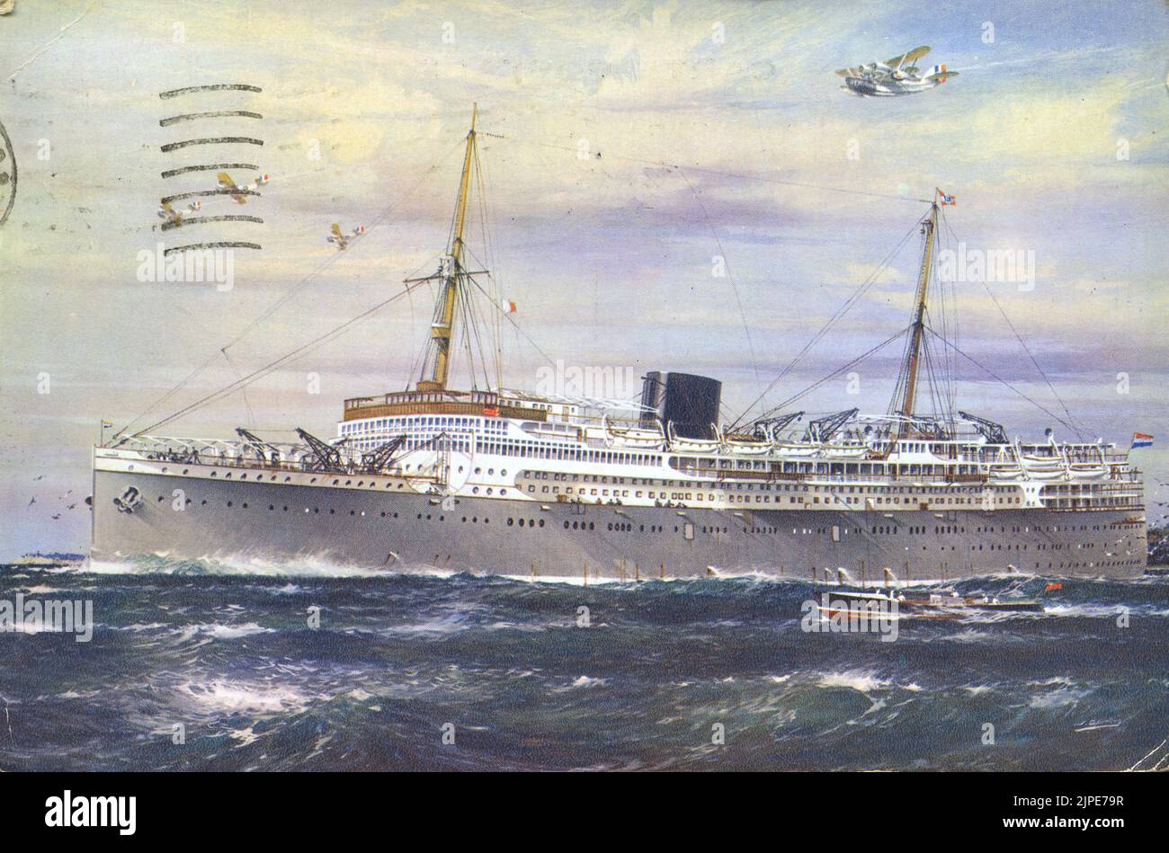 Vintage twentieth century colorized postcard of Steam Ship Ocean Liner and planes circa 1930s Stock Photo