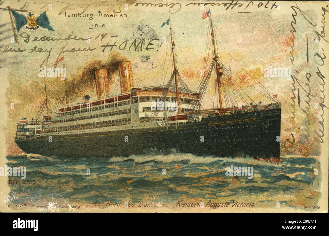 Vintage 20th century colored Postcard of the RMS - Royal Mail Steamer - Kaiserin Auguste Victoria of the Hamburg America Line and part of the Cunard Shipping Line of Ocean liners and passenger steamships - After the war ww1 was used by the United States shipping board to repatriate american soldiers - later sold to the Canadian Pacific and was renamed Empress of Scotland - In service from 1906 - 1931 Stock Photo