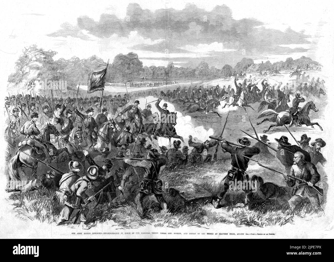Our Army Before Richmond - Reconnaissance in Force of the National Troops Under General Joseph Hooker, and Defeat of the Rebels at Malvern Hills, August 5th (1862) American Civil War illustration from Frank Leslie's Illustrated Newspaper Stock Photo