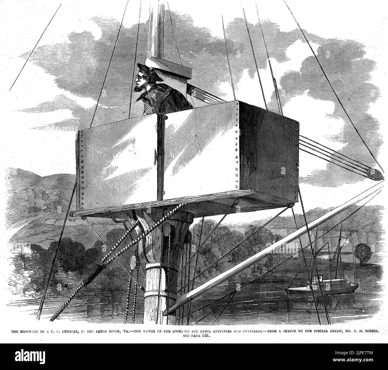 The Masthead of a U. S. Gunboat, in the James River, Virginia - The Watch on the Lookout for Rebel Batteries and Guerillas (1862) American Civil War illustration by J. H. Schell from Frank Leslie's Illustrated Newspaper Stock Photo