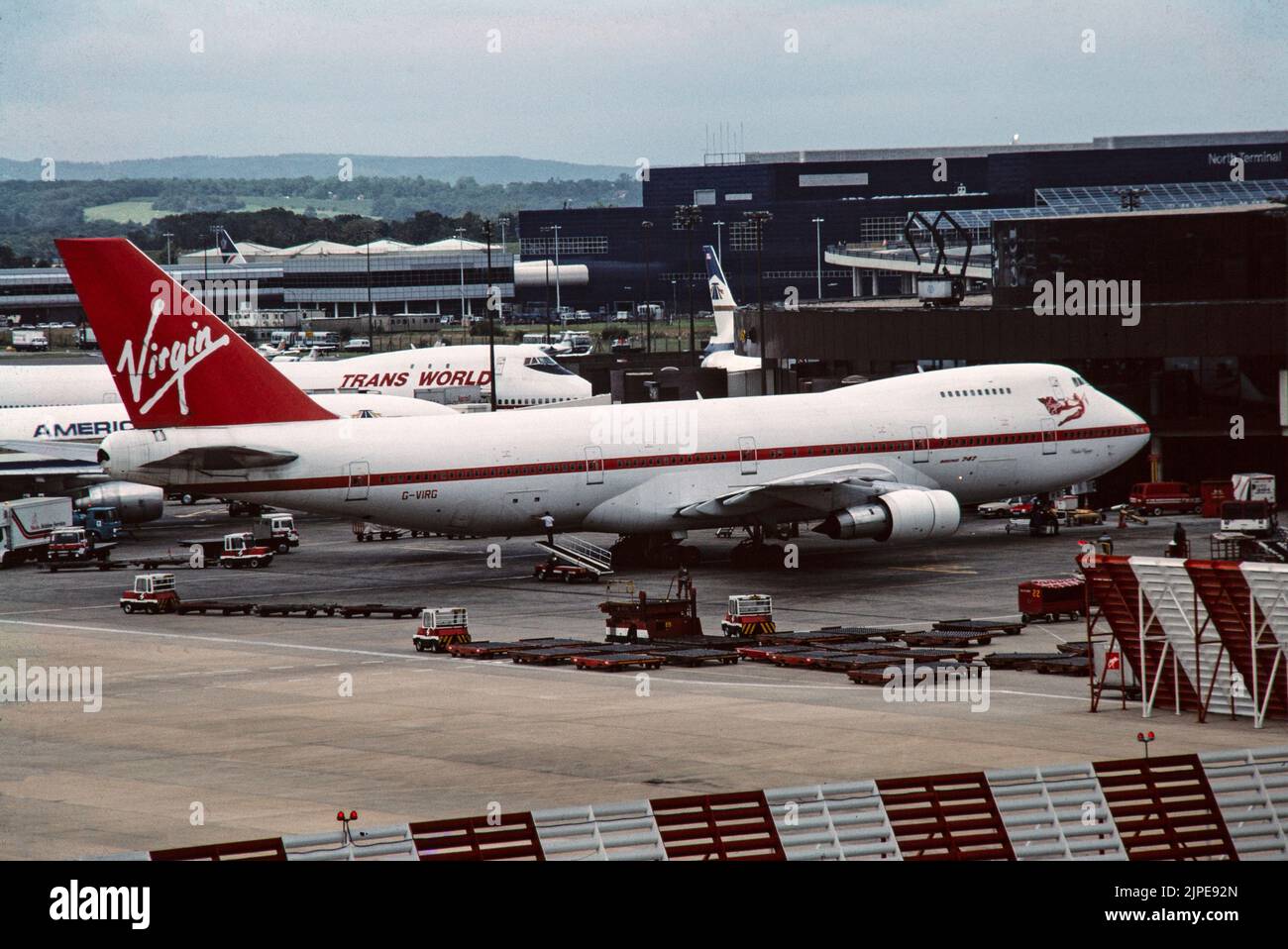 A Virgin Airways Boeing 747-200 Airliner, G-VIRG,  at London Gatwick Airport in 1988. This was Virgin's first 747 Jumbo Jet. Stock Photo