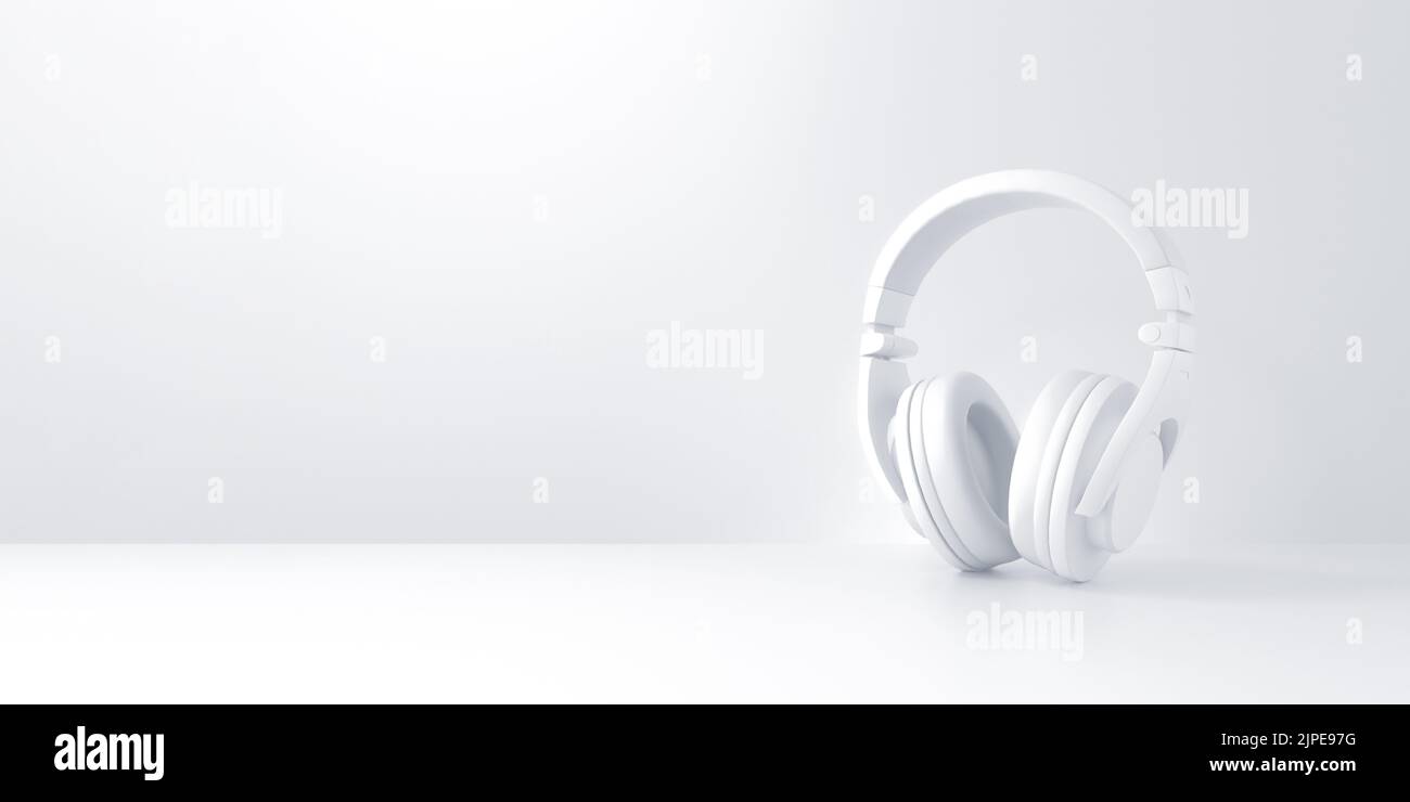 Headphones on panoramic white background. podcast concept. 3d rendering. Stock Photo