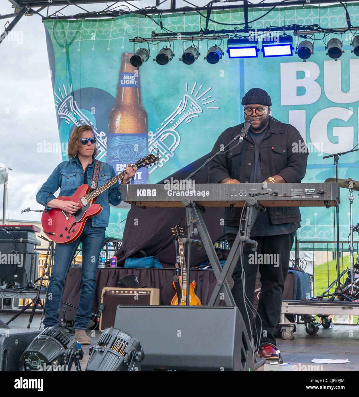 Michael Trotter of the War and Treaty band performs with guitarist at the Hogs for the Cause benefit on March 30, 2019 in New Orleans, Louisiana, USA Stock Photo