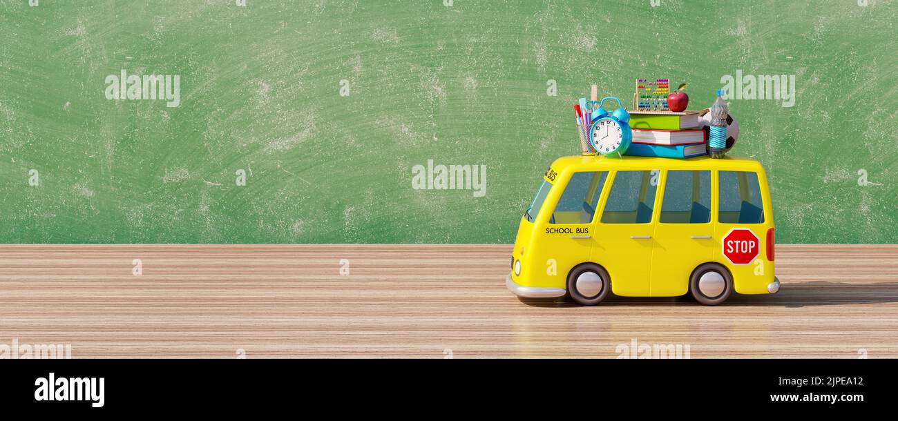 School bus with supplies standing in classroom on wooden table with chalkboard in the background 3D Render 3D Illustration Stock Photo