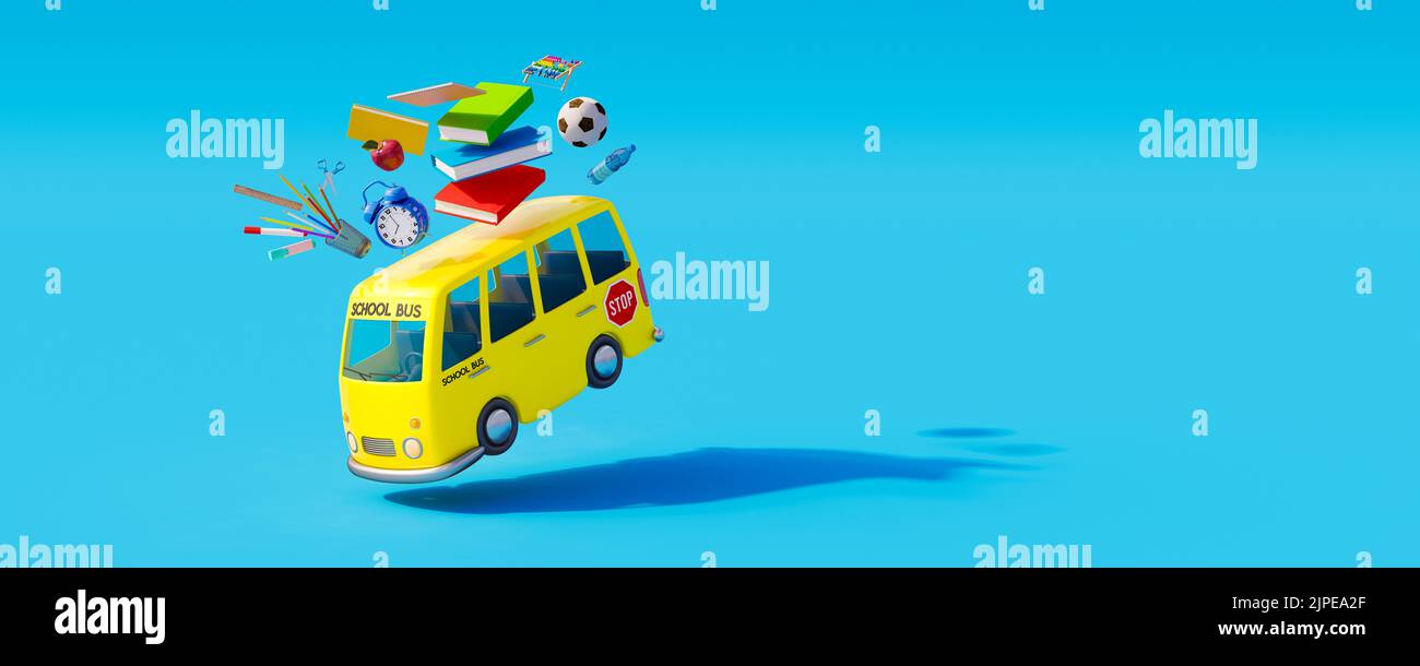 Jumping School bus with school supplies. Back to school concept on blue background. 3D Render 3D Illustration Stock Photo