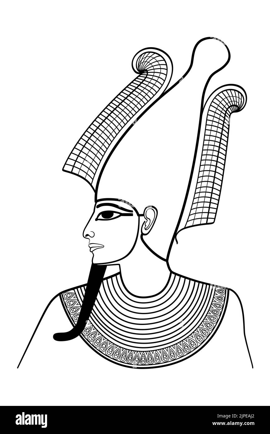 Osiris, portrait of the ancient Egypt god of afterlife, dead and resurrection. Partially mummy-wrapped with a pharaoh beard and an atef crown. Stock Photo