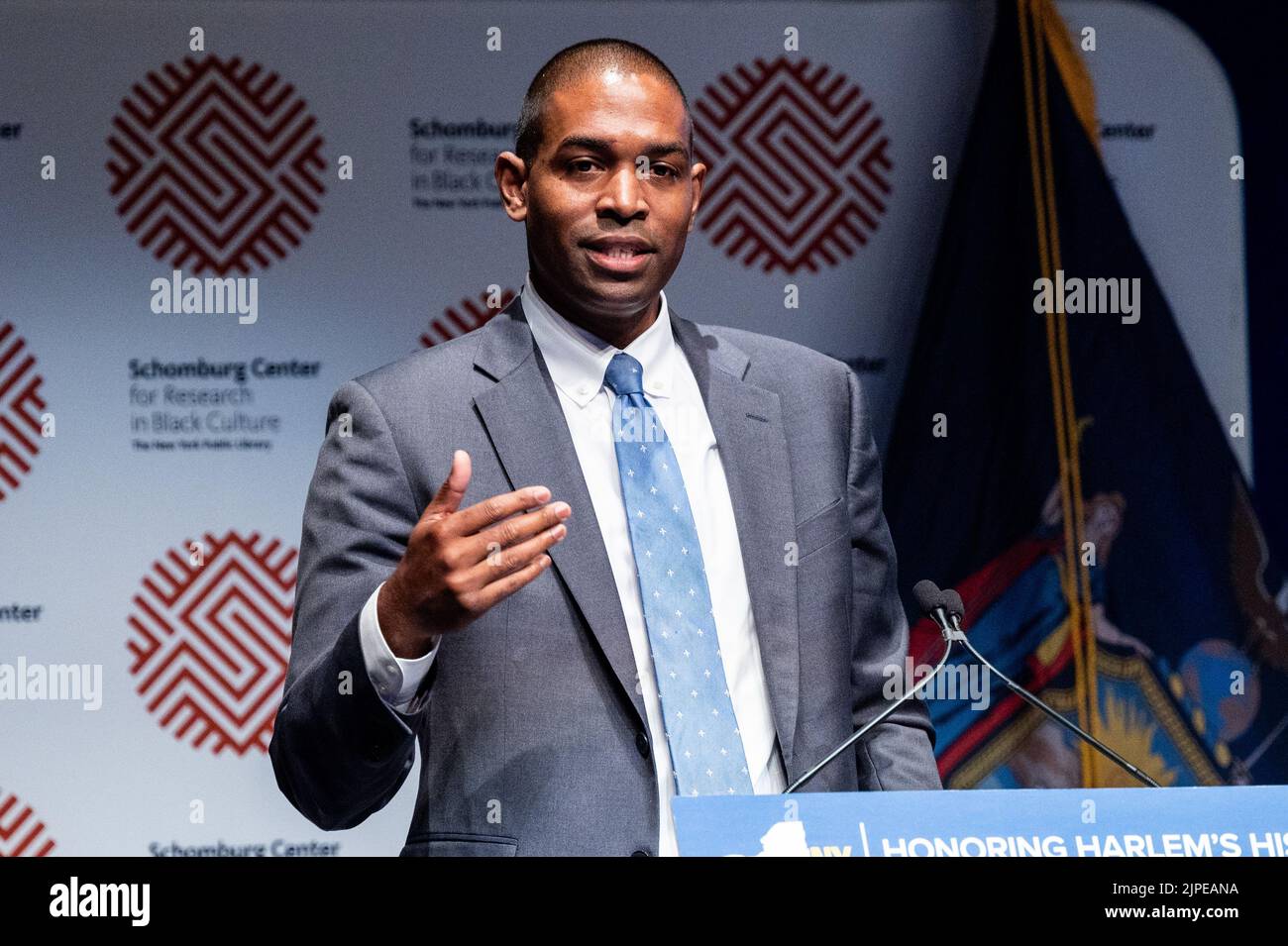 New York City, United States. 17th Aug, 2022. New York Lieutenant Governor Antonio Delgado (D) speaking at an event where a grant of eight million dollars was announced to renovate the Schomburg Center for Research in Black Culture. (Photo by Michael Brochstein/Sipa USA) Credit: Sipa USA/Alamy Live News Stock Photo