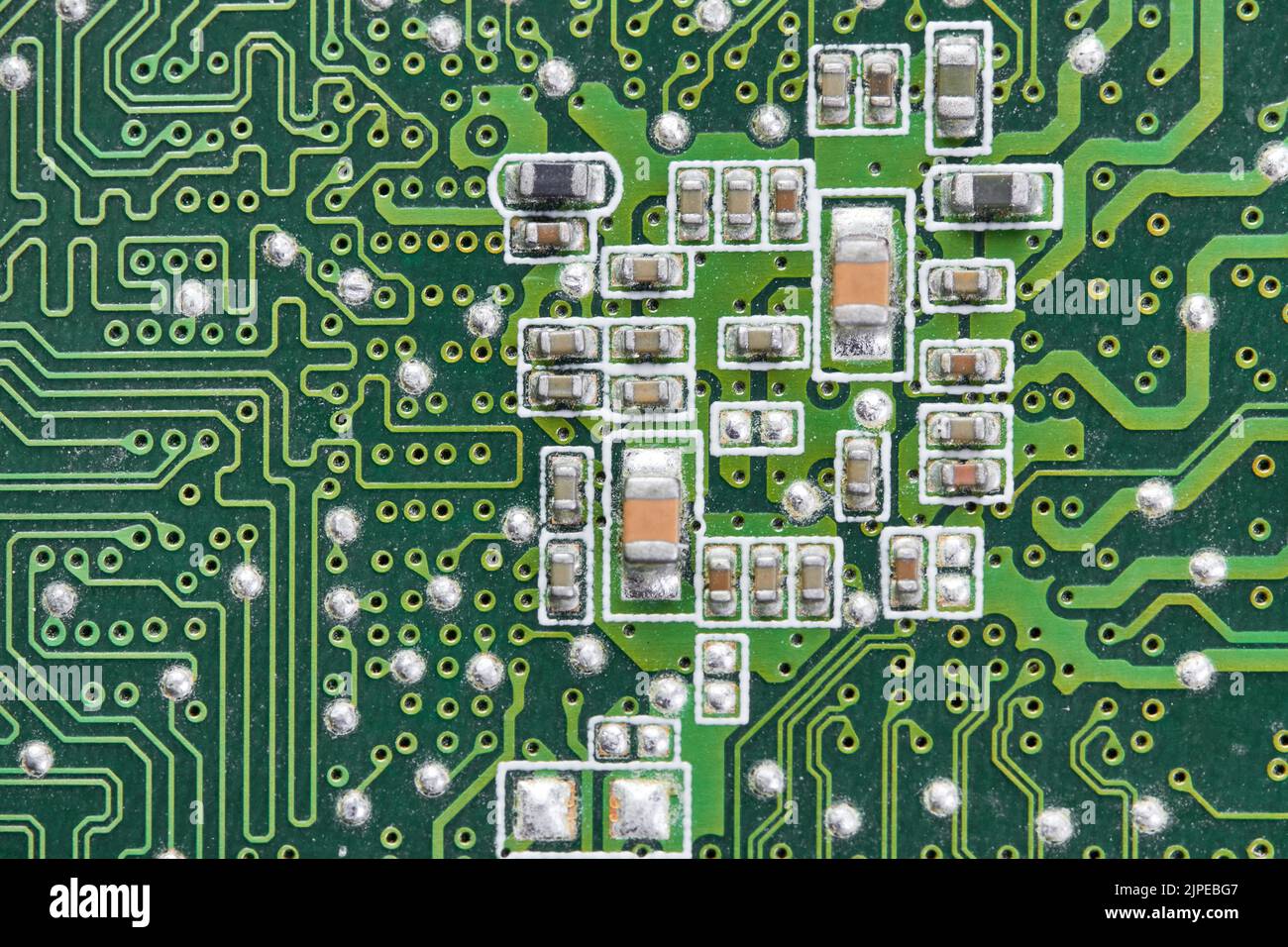 Resistors, capacitors, transistors on an electronic computer printed