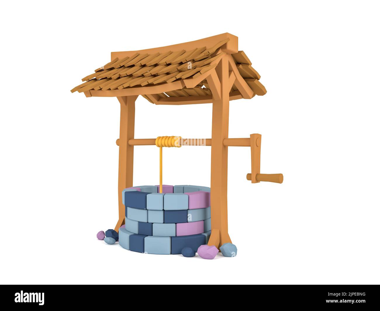 Cartoon wishing well isolated on white background, 3D Rendering Stock Photo