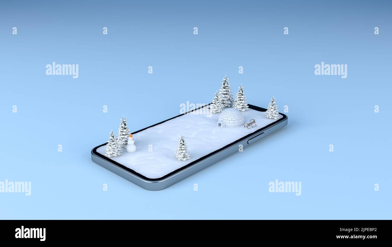 Winter snow field landscape travel destination on mobile phone screen, 3d rendering Stock Photo