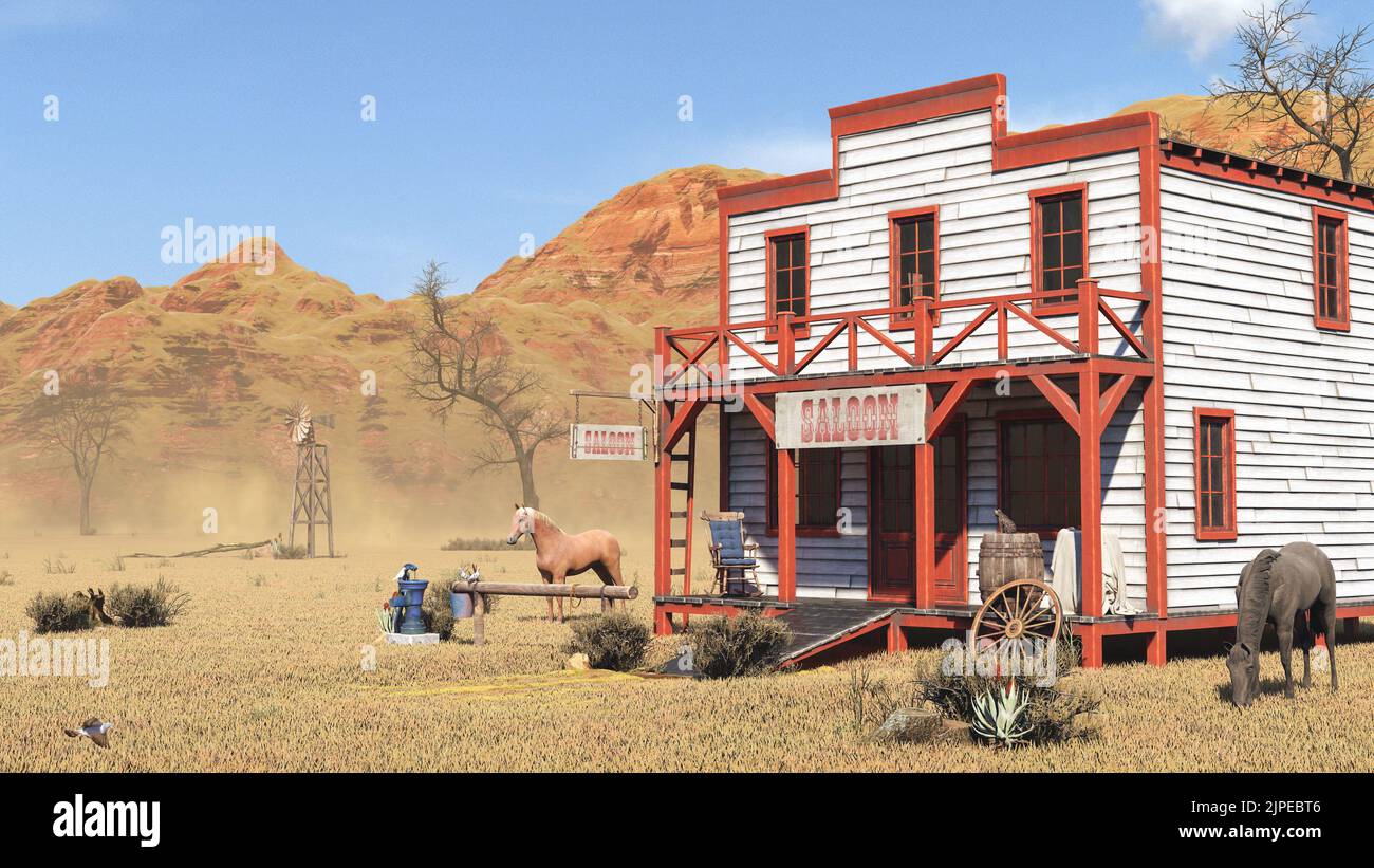 Old vintage western saloon isolated on the field in Wild West, 3d rendering Stock Photo