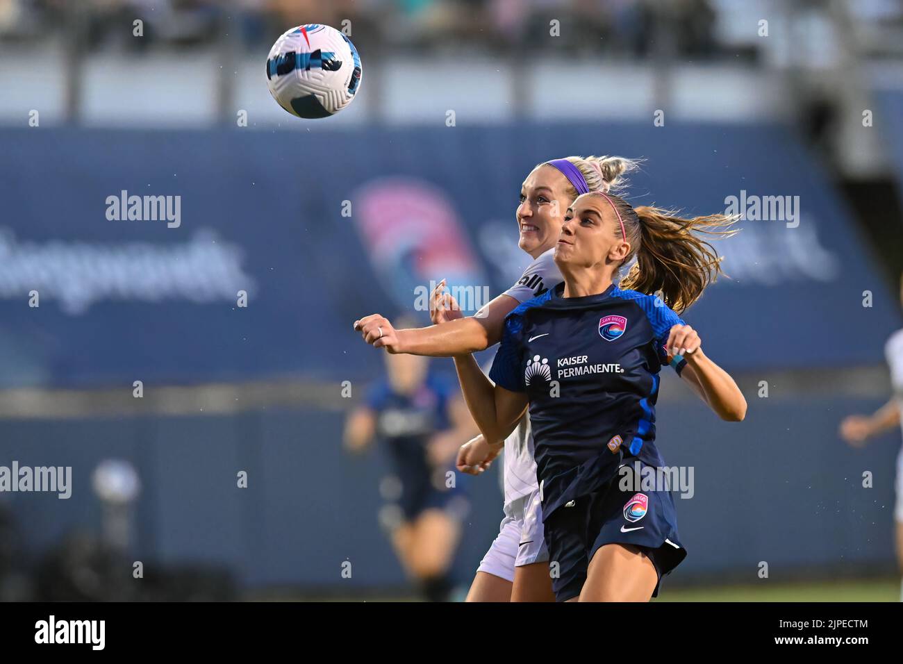 August 13, 2022:  Orlando Pride defender Megan Montefusco (5)  and San Diego Wave FC forward Alex Morgan (13) during a NWSL soccer match between the Orlando Pride and the San Diego Wave FC at Torero Stadium in San Diego, California.  Justin Fine/CSM/Sipa USA(Credit Image: © Justin Fine/Cal Sport Media/Sipa USA) Stock Photo