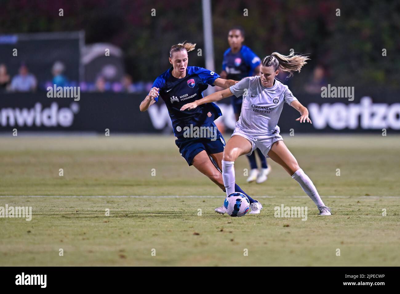 August 13, 2022:  San Diego Wave FC midfielder Emily van Egmond (5) and Orlando Pride forward Julie Doyle (20) battle for the ball during a NWSL soccer match between the Orlando Pride and the San Diego Wave FC at Torero Stadium in San Diego, California.  Justin Fine/CSM/Sipa USA(Credit Image: © Justin Fine/Cal Sport Media/Sipa USA) Stock Photo