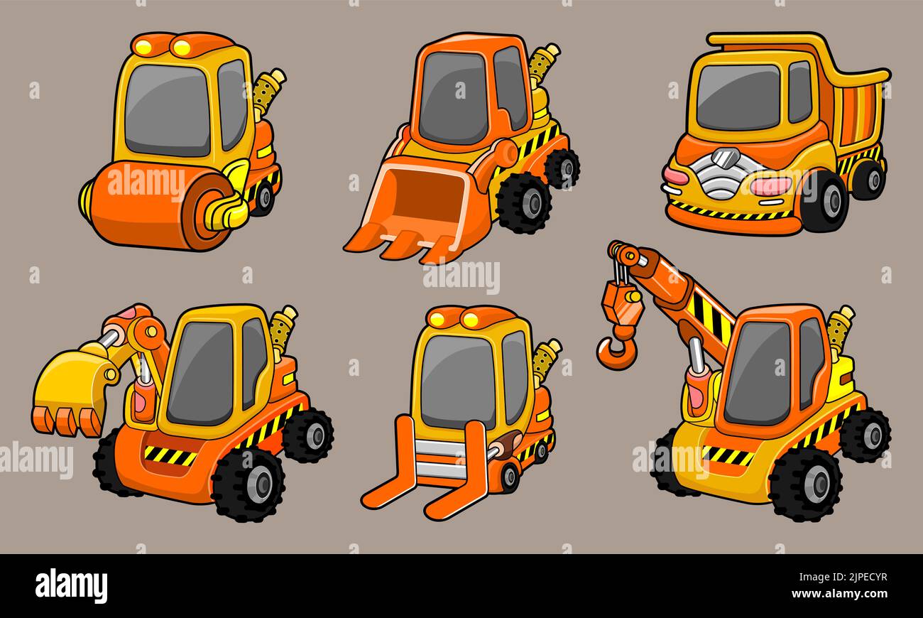 A graphic design of construction cars toy collection isolated on a gray ...