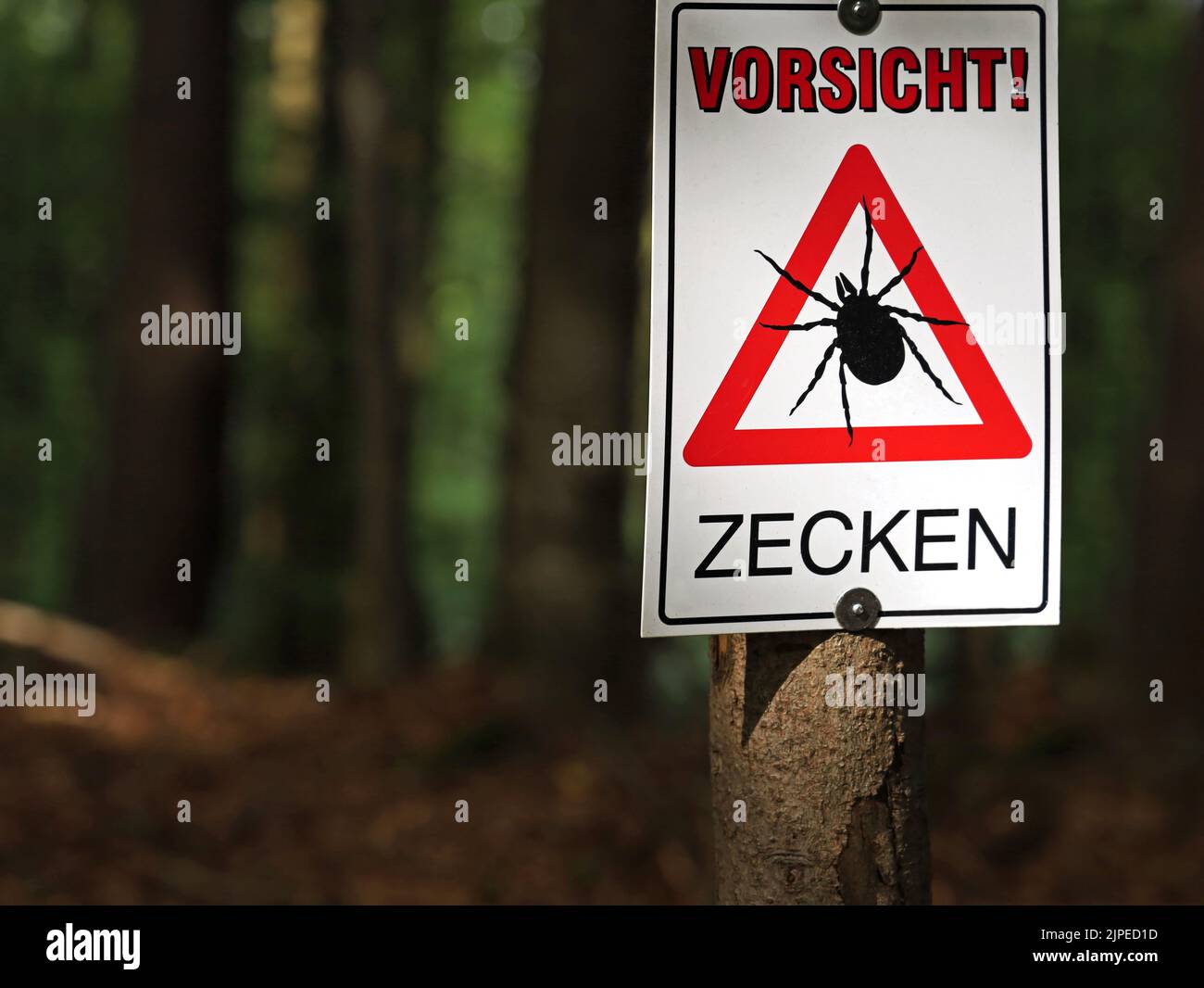 Gallner, Bavaria, Germany, August 15, 2022, Warning sign on tree in a dark forest with german inscription of Attention, Ticks Stock Photo