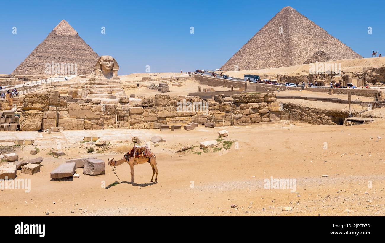Giza, Egypt; August 18, 2022 - A view of the sphinx and the pyramids of Cheops and Chephren Stock Photo