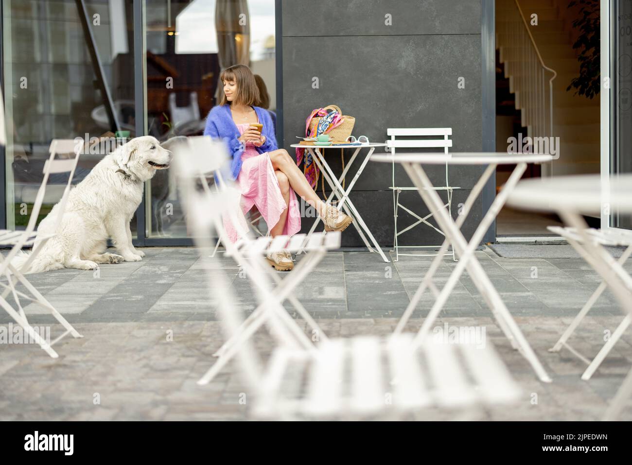 Young stylish woman sits with her cute adorable dog at cafe on a street. Leisure time with pet, spending time at modern housing estate outdoors Stock Photo