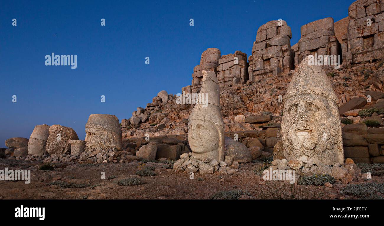 Nemrut Mountain and giant statue heads from1st century BC, in Adiyaman, Turkey. Stock Photo