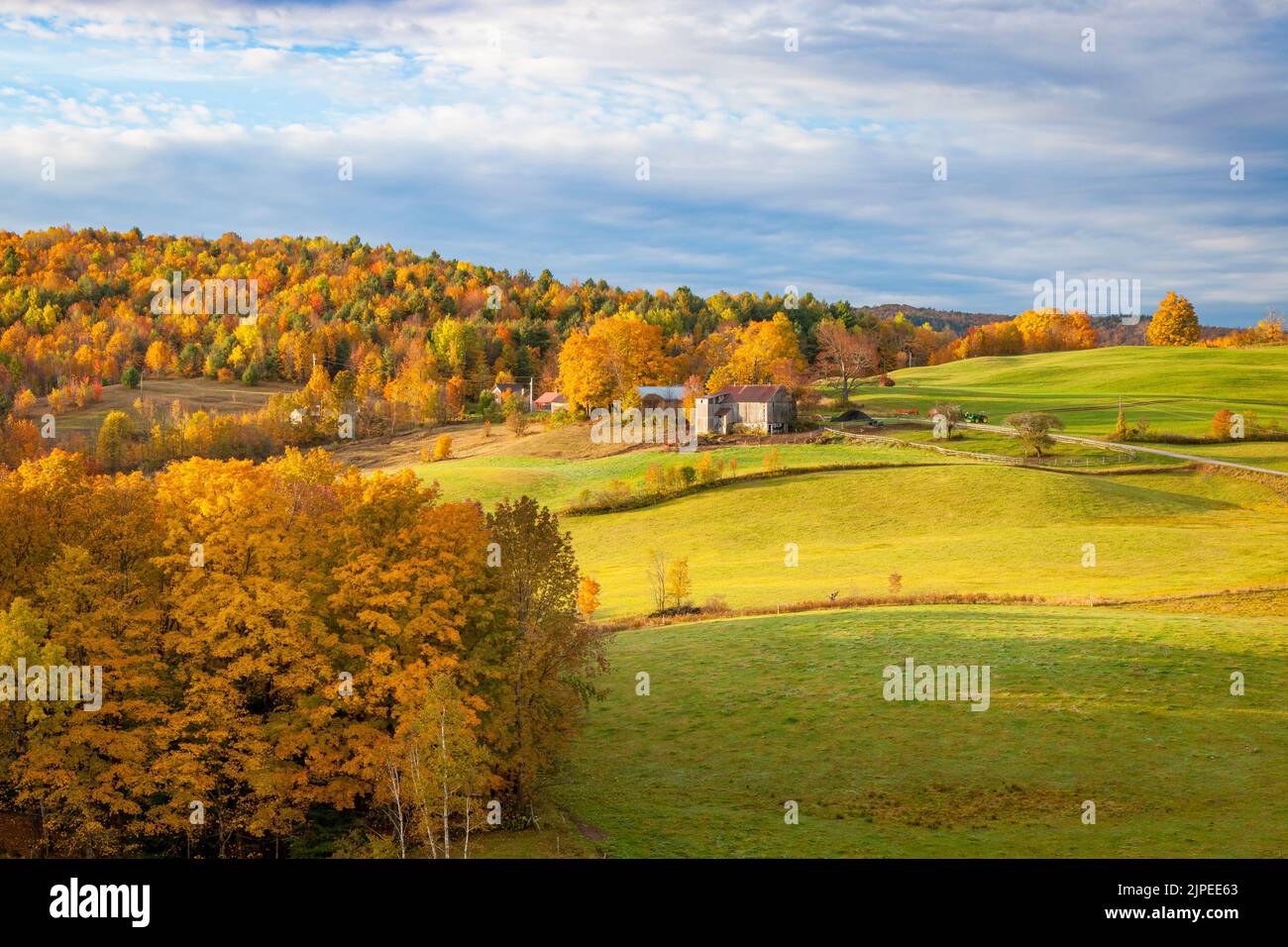 Farmland at dawn in autumn near South Woodstock, Vermont, USA Stock Photo