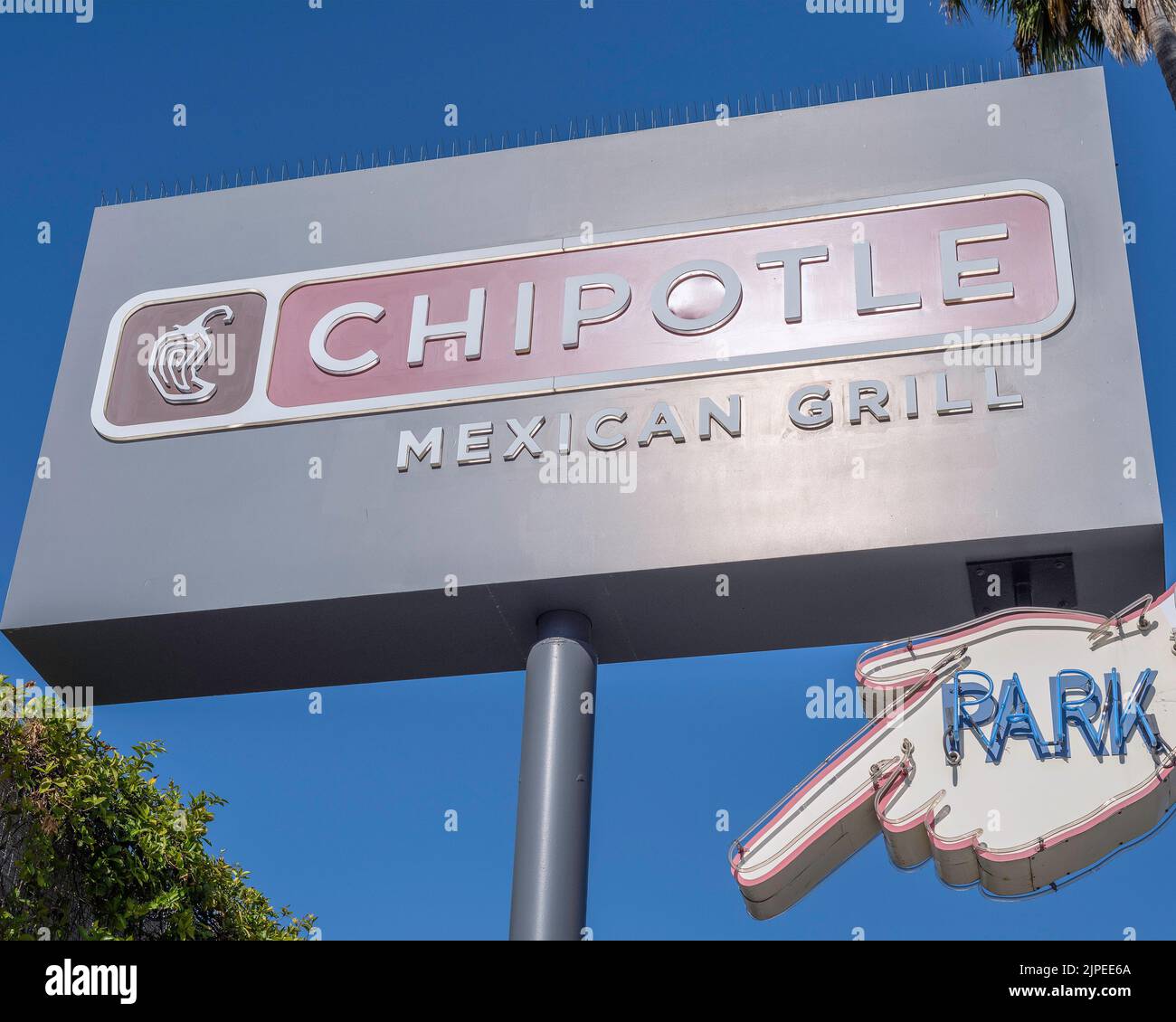 Los Angeles, CA, USA – August 17, 2022: Close up of a Chipotle Mexican Grill restaurant sign on Sunset Boulevard in Los Angeles, CA. Stock Photo