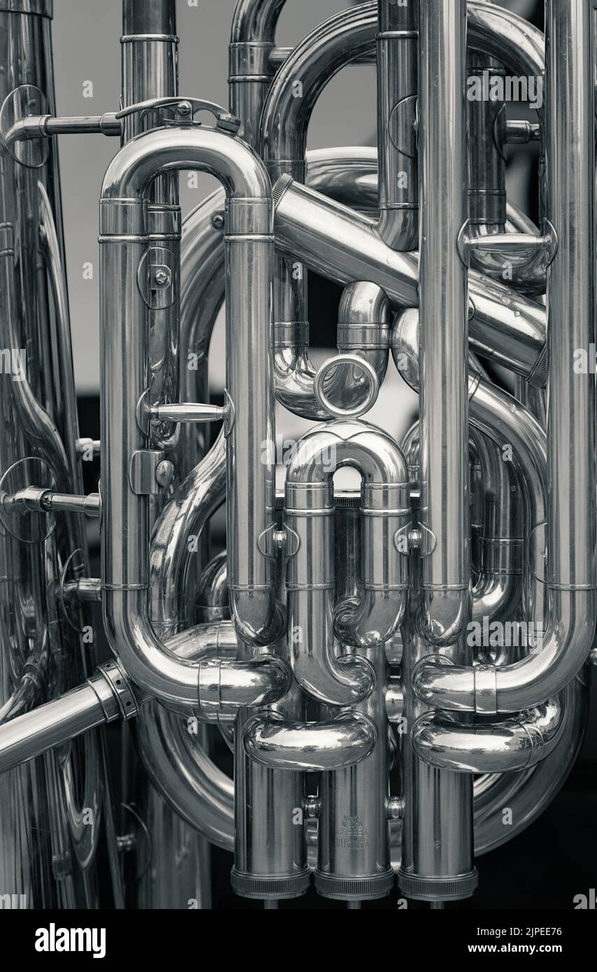 Detail Of The Pipes Of A Yamaha Neo Eb Bass YEB 632 Tuba Brass Musical Instrument Stock Photo