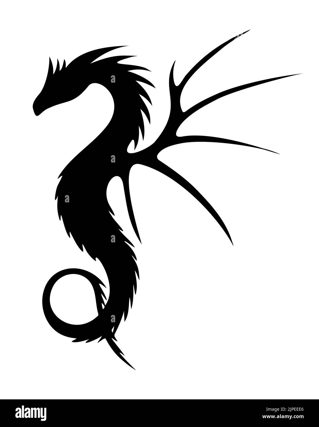 Dragon silhouette dark black, hand drawn art. Vector illustration Stock Vector