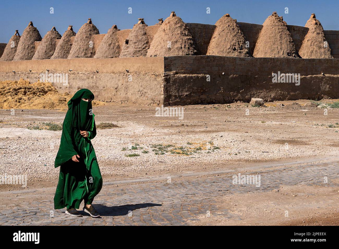 Local woman in traditional clothes with the domes of mud brick houses in the background, in the village of Harran, Sanliurfa, Turkey Stock Photo
