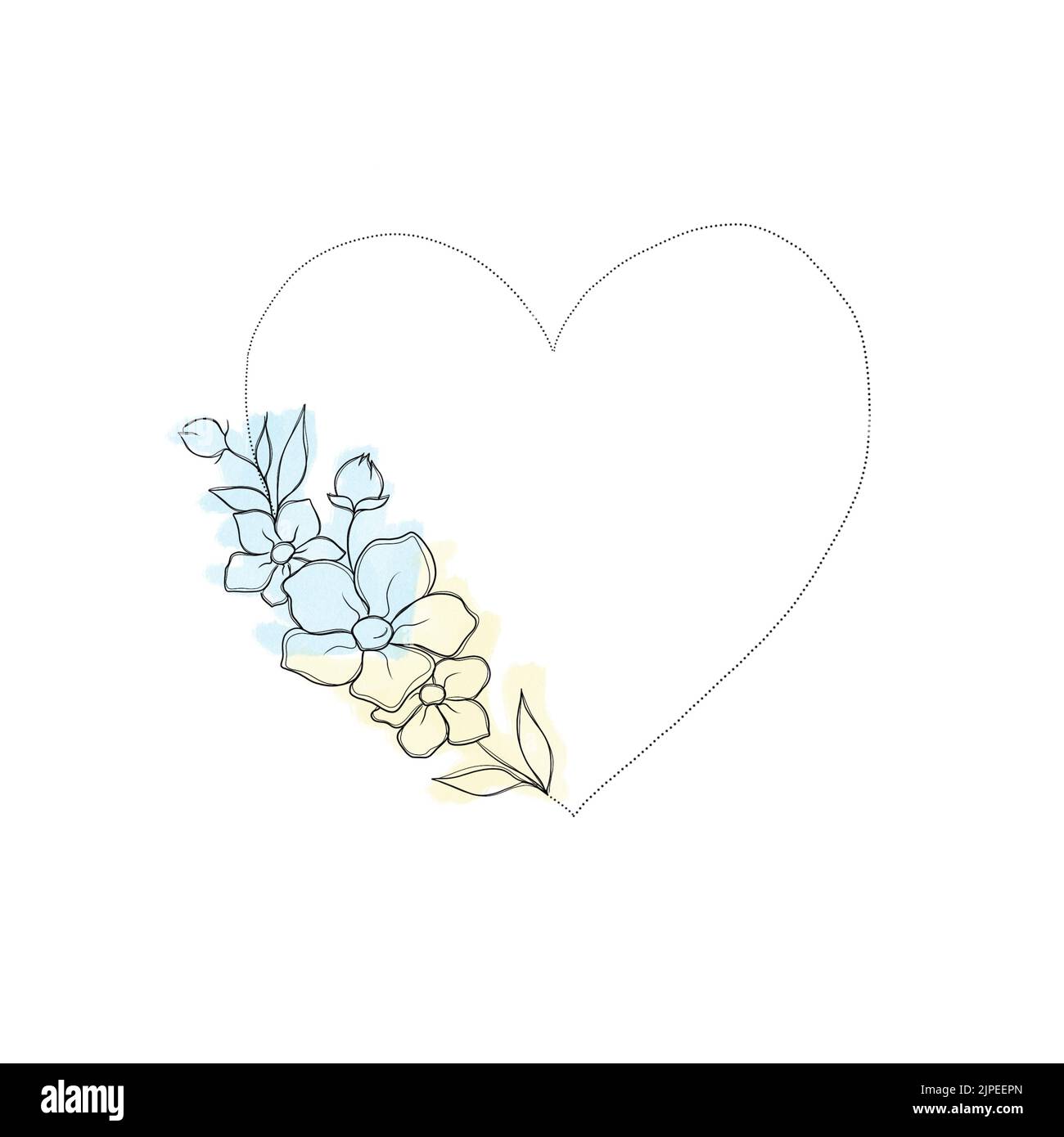 a set of sketches for a patriotic tattoo: flowers and hearts from the colors of the flag of ukraine . Flowers Periwinkle. Hand drawing. botany design Stock Photo