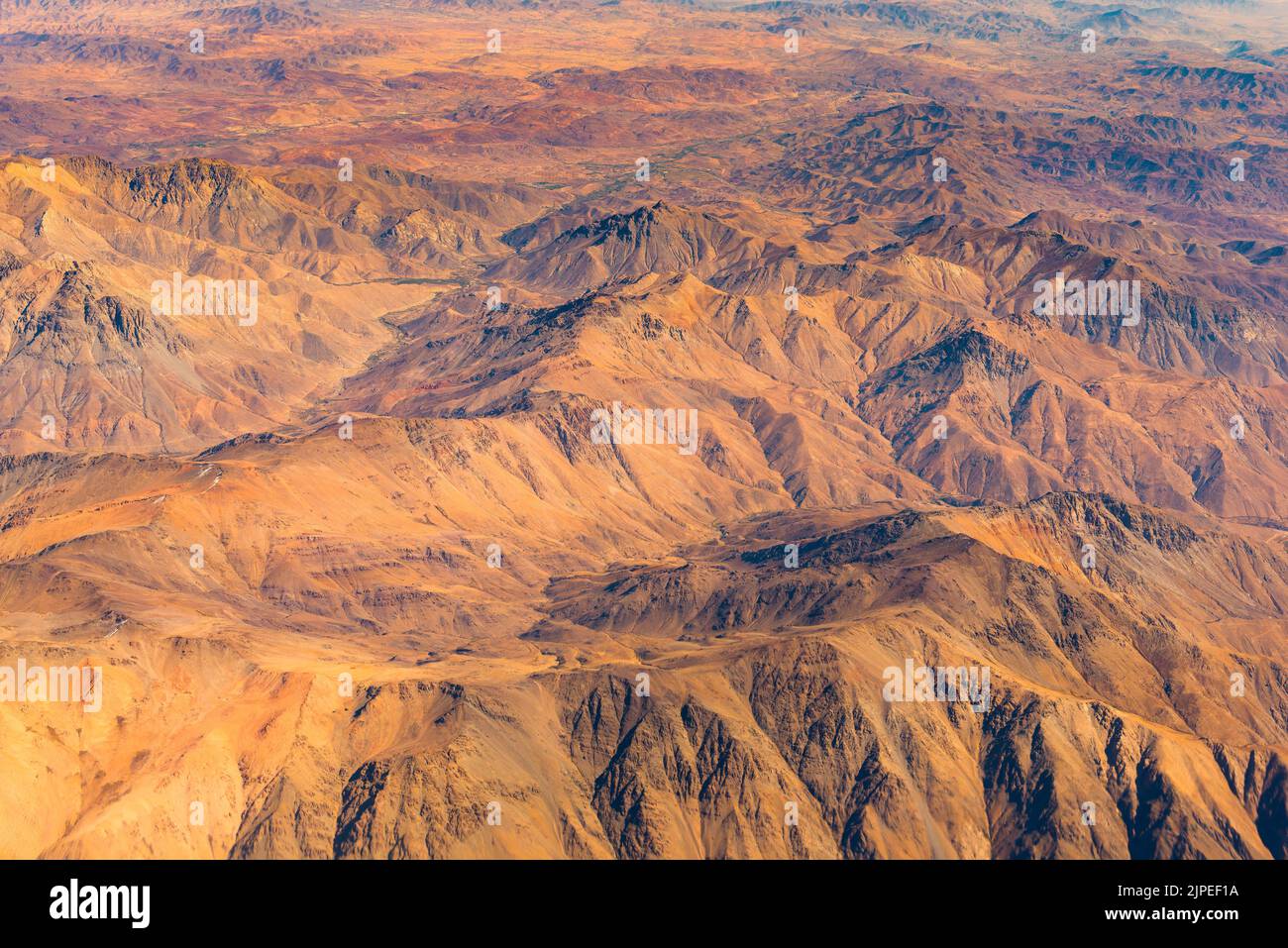 Aerial view of rivers with agriculture in the valleys between the mountains in northern Chile Stock Photo