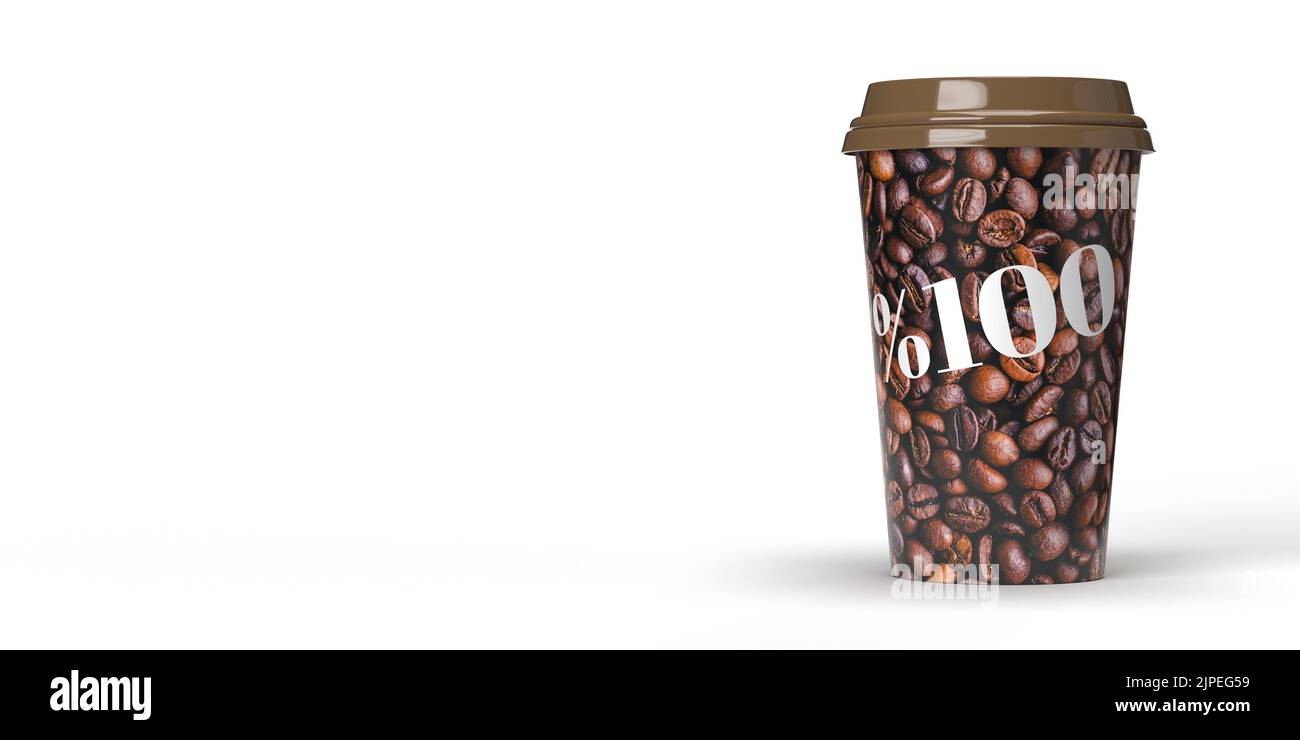 100% Coffee Stamp mock-up paper cup with brown beans template. Your brand on white background with clipping path and copy space. 3D render realistic Stock Photo