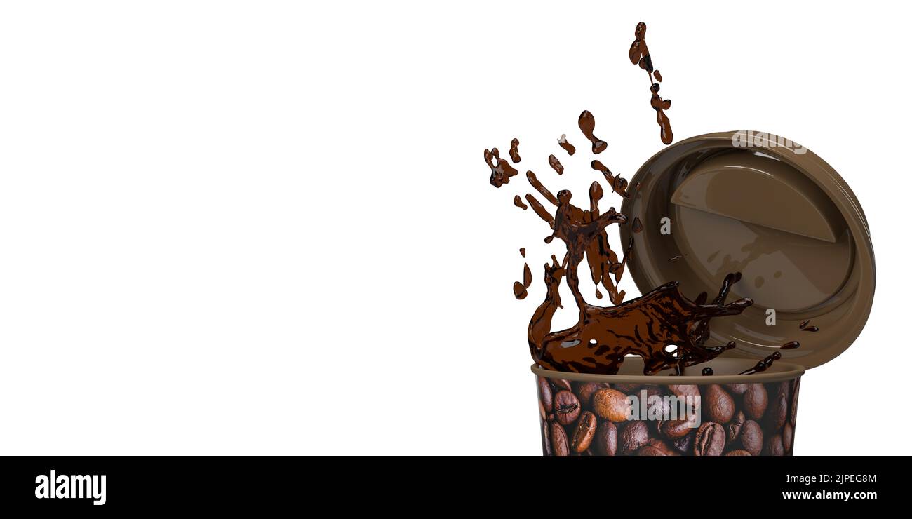 Splashing liquid Coffee mock-up paper cup with brown beans template. Your brand on white background with clipping path and copy space. 3D render Stock Photo