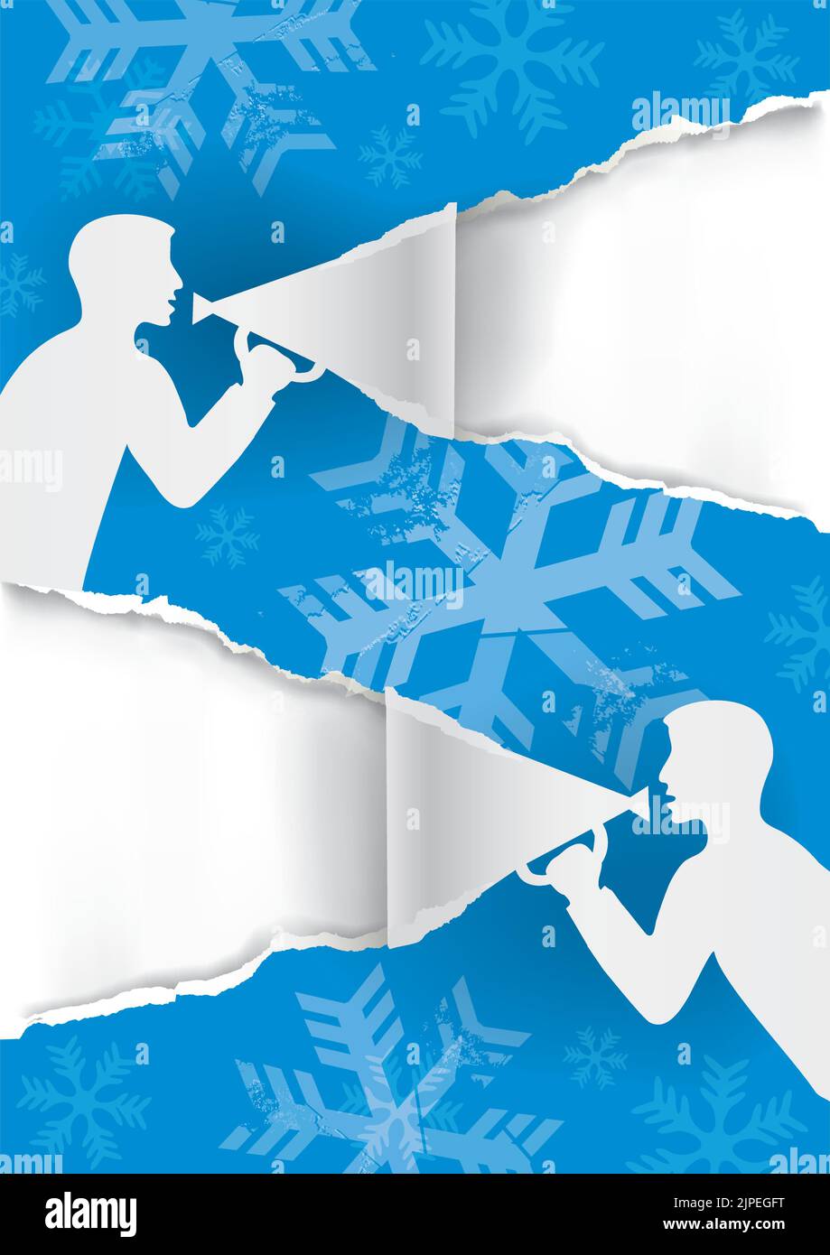 Two Men with megaphone tearing blue paper, Christmas banner template. Illustration of paper background with grunge stylized snowflakes. Stock Vector