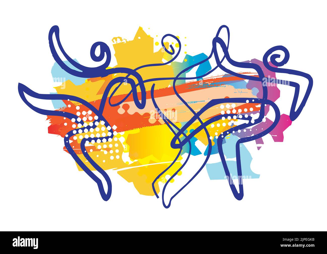 Lively dancing people, folk dance. Expressive, line art stylized illustrations of three dancing people on colorful abstract background. Stock Vector