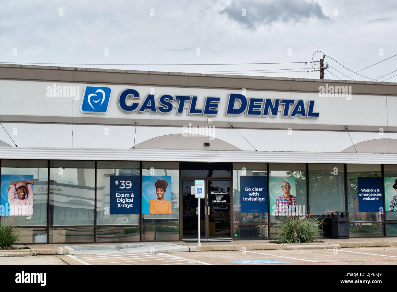 Houston, Texas USA 12-05-2021: Castle Dental office building exterior in Houston, TX. Health and wellness local business. Stock Photo