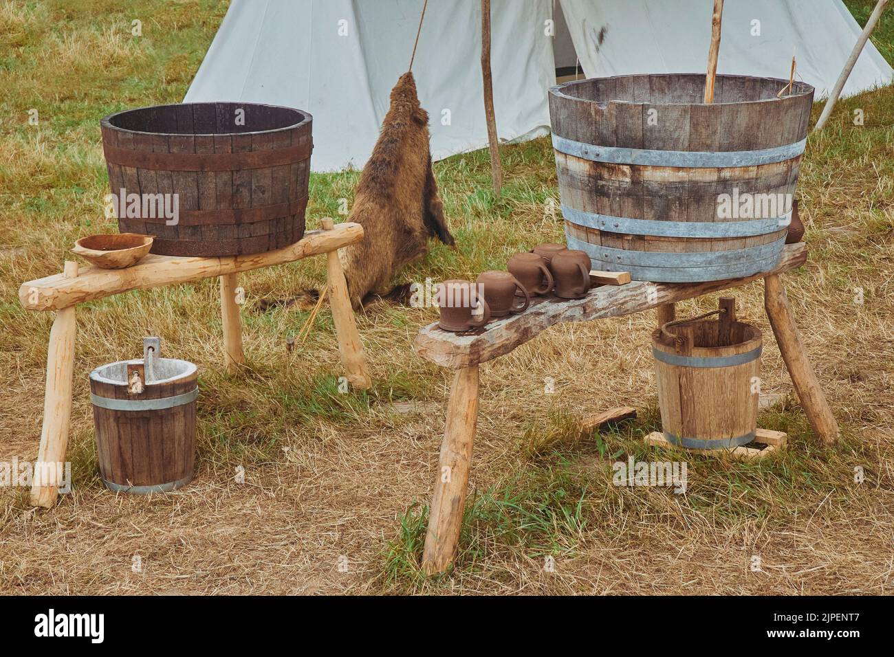 Ancient barrels and utensils for making beer Stock Photo Alamy