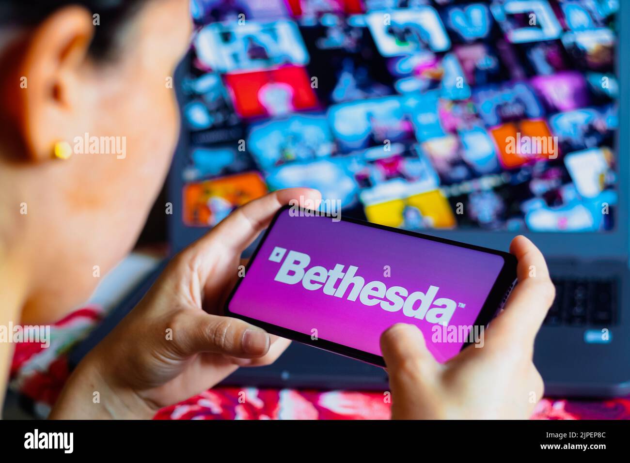 In this photo illustration, the Bethesda Softworks logo is displayed on a smartphone screen. Stock Photo