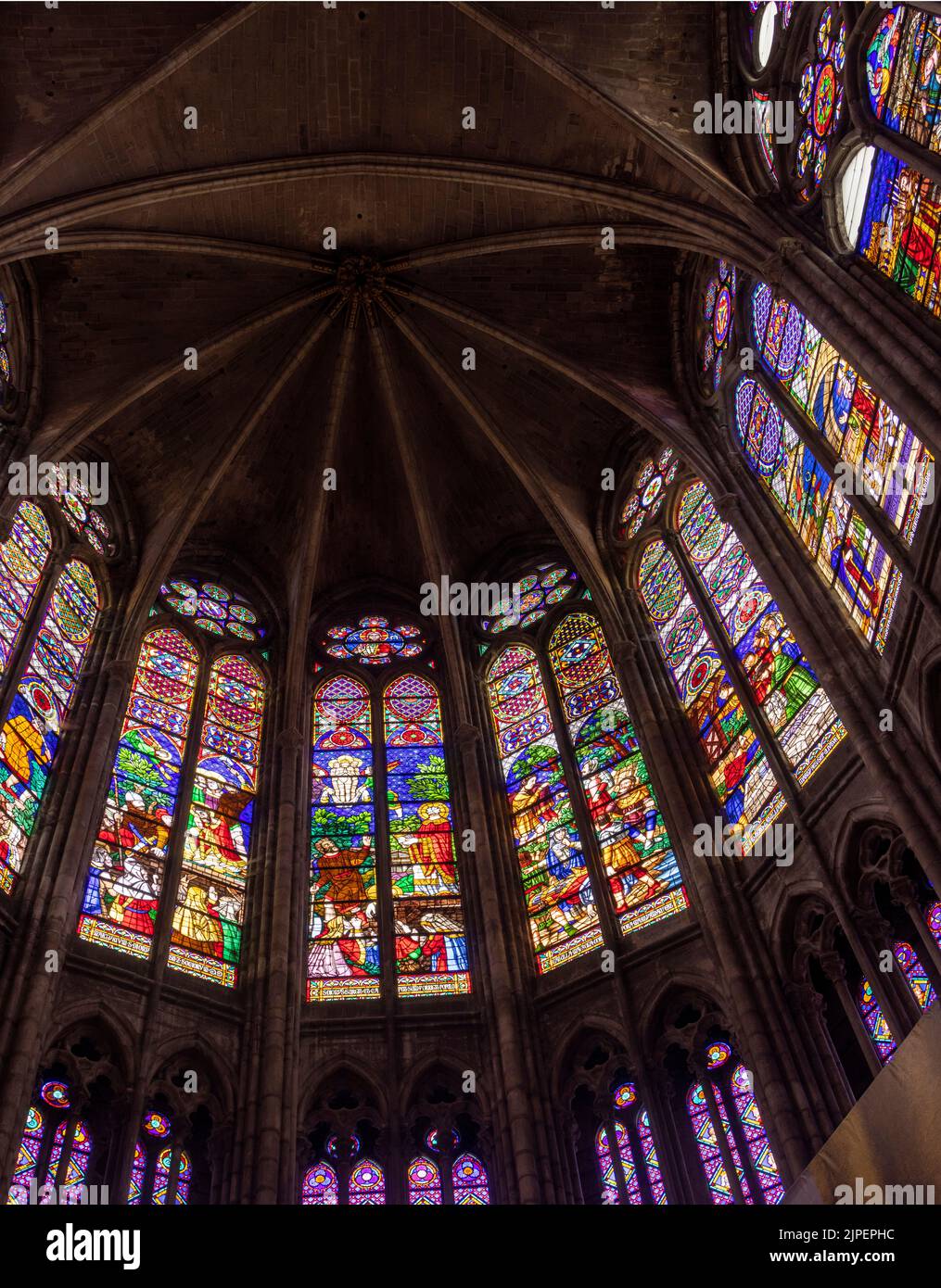 stained glass of apse, 12th century, Saint-Denis basilica, Paris, France Stock Photo