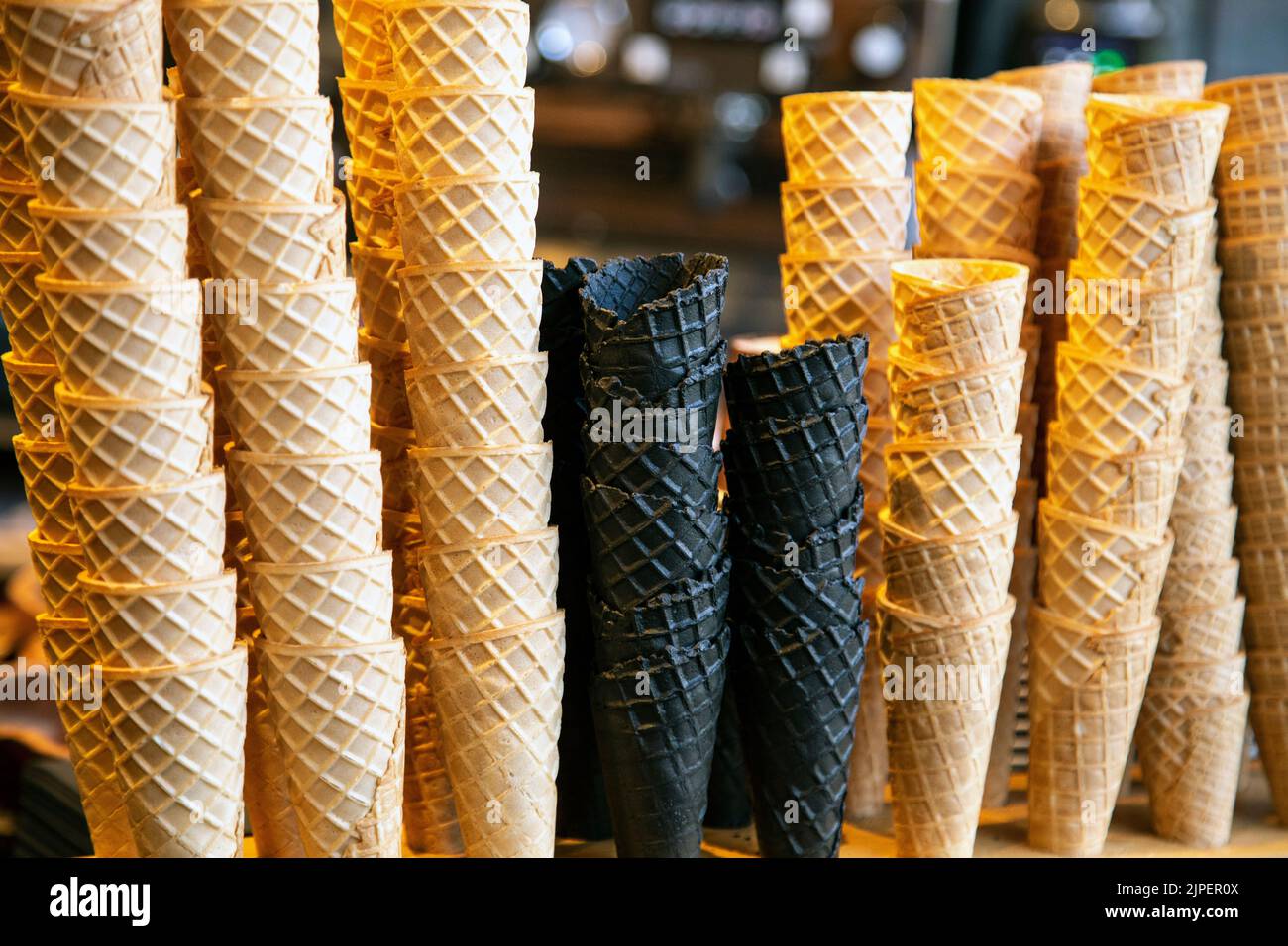 Ice cream cones at Dark Sugars chocolatier in Greenwich, London, UK Stock Photo