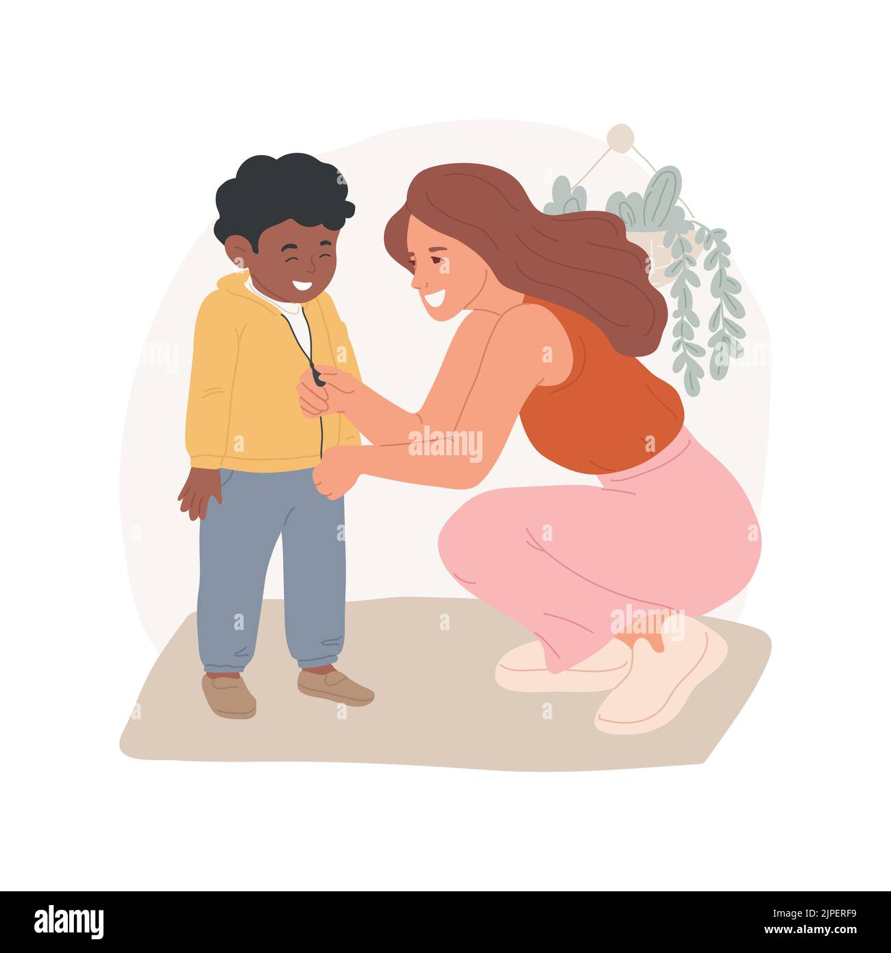 Getting dressed isolated cartoon vector illustration. Woman helps
