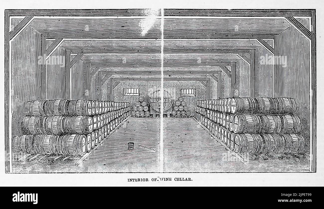 Interior of a wine cellar in the Champagne region, France (1860
