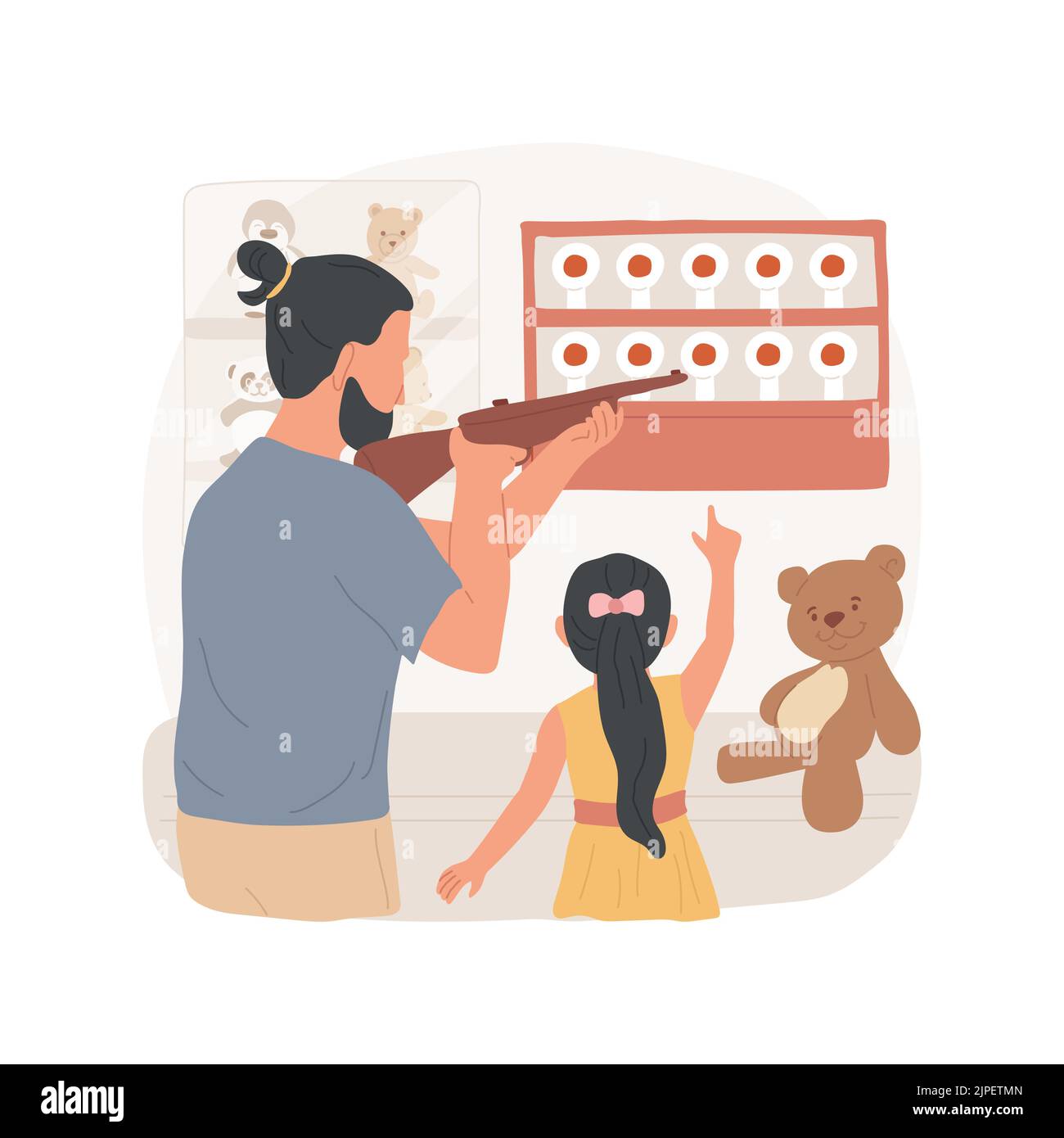 Shooting gallery isolated cartoon vector illustration. Funfair riffle shooting gallery, father wins toy for kid, man aiming, stuffed animals in a booth, amusement park activity vector cartoon. Stock Vector