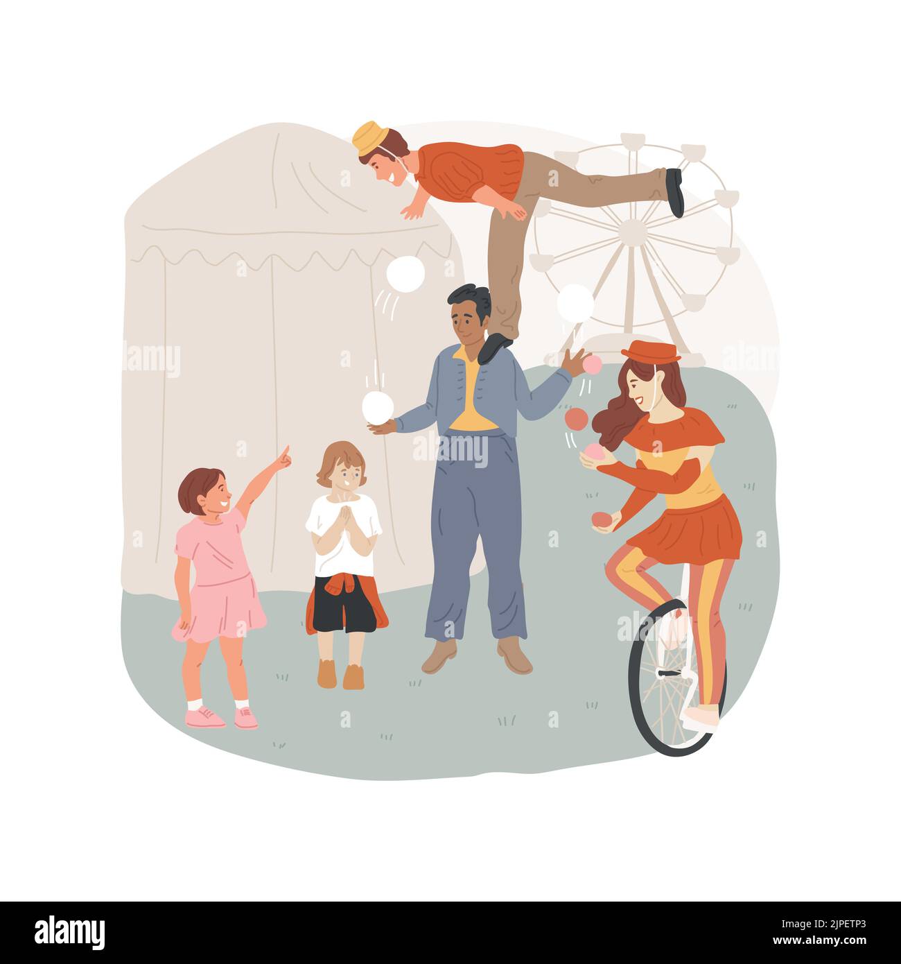 Acrobat performance isolated cartoon vector illustration. Amusement park performance, girl in costume riding unicycle, man stands on other man shoulders, acrobat show for kids vector cartoon. Stock Vector