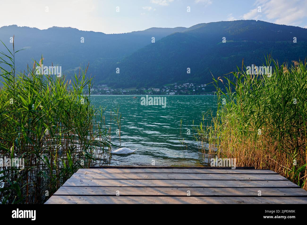 Wooden jetty with reeds, view of lake Ossiach in Austria just before sunset Stock Photo