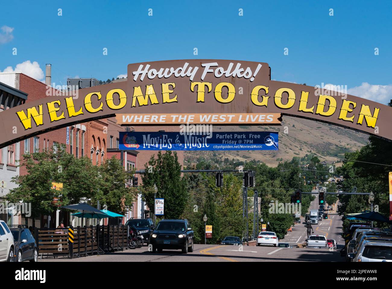 Golden, Colorado - August 8, 2022: Welcome to Golden sign along Washington street in Golden Colorado Stock Photo