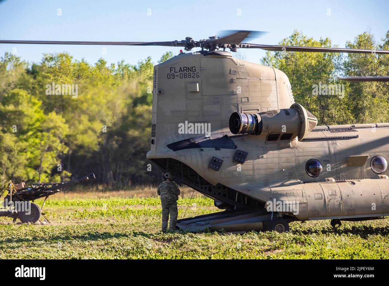 A Boeing CH-47 Chinook helicopter assigned to the 1st General Support Aviation Battalion, 111th Aviation Regiment, lands at Camp Grayling, Mich., Aug. 8th, 2022, during Operation Northern Strike. Northern Strike provides Soldiers with a place to train and test their ability to rapidly deploy, set the theater and provide timely support in a decisive action environment. Stock Photo