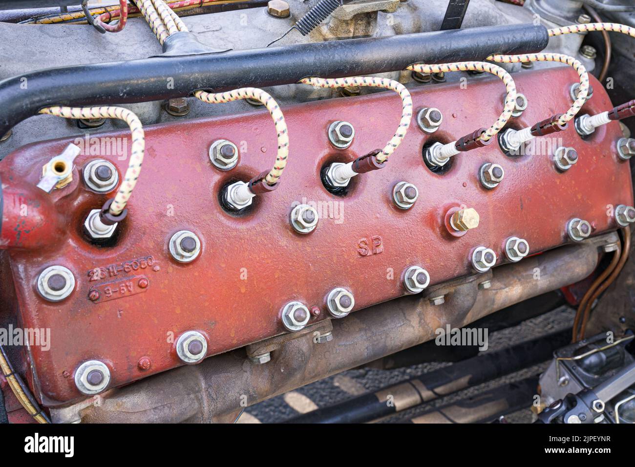 Loveland, CO - July 9,2022: Close-up of a rare v12 Lincoln-Zephyr Flathead engine at the Loveland Classic Car Show Stock Photo