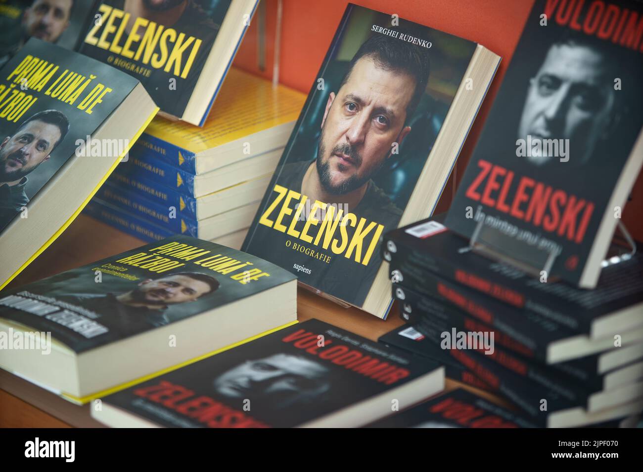 Bucharest, Romania - August 17, 2022: The book Zelenski, A Biography by Serhii Rudenko is seen in a bookstore in Bucharest. This image is for editoria Stock Photo