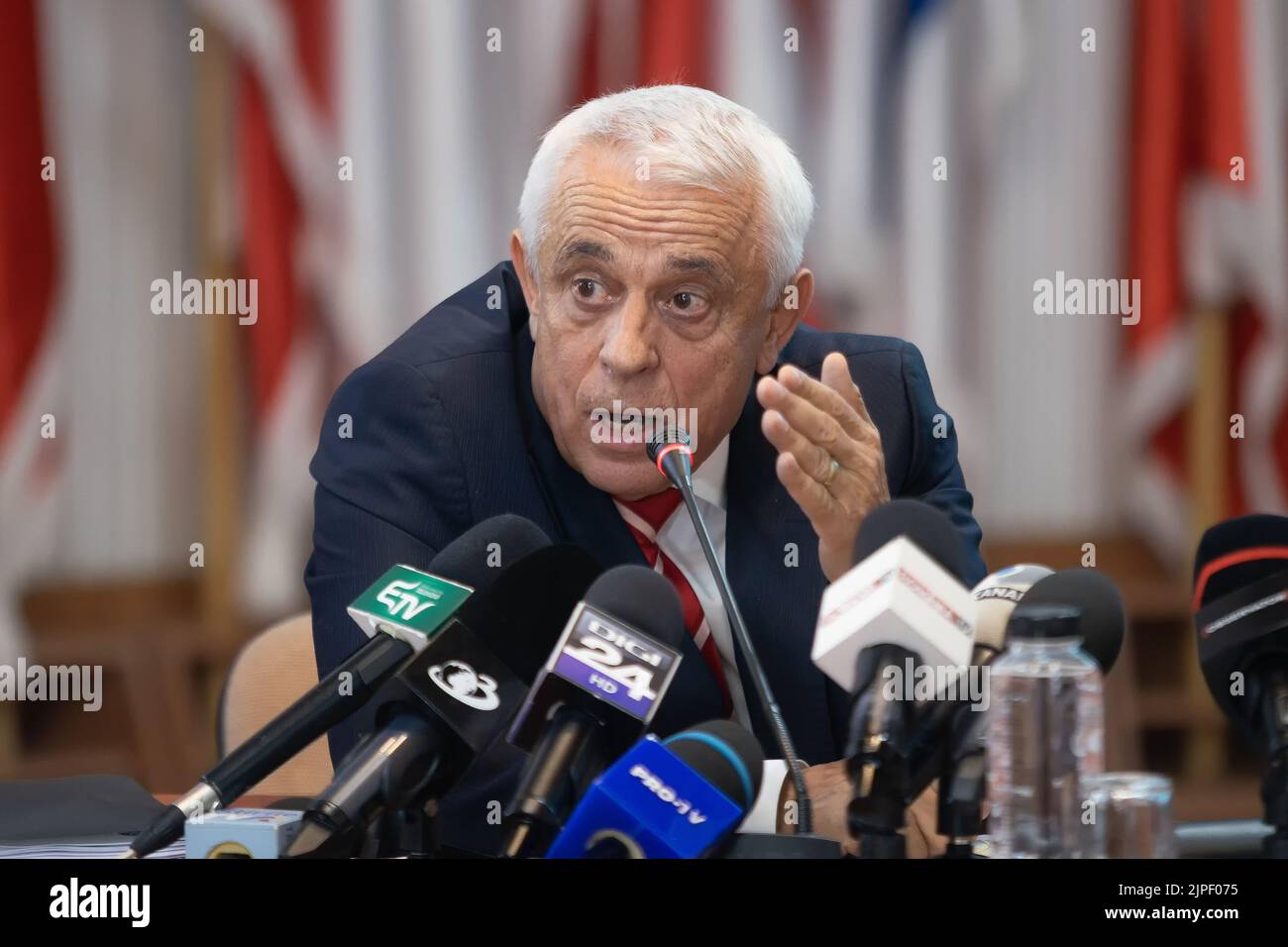 Bucharest, Romania - August 04, 2022: Petre Daea, Romanian Minister of Agriculture and Rural Development, speak in a press conference at the ministry Stock Photo