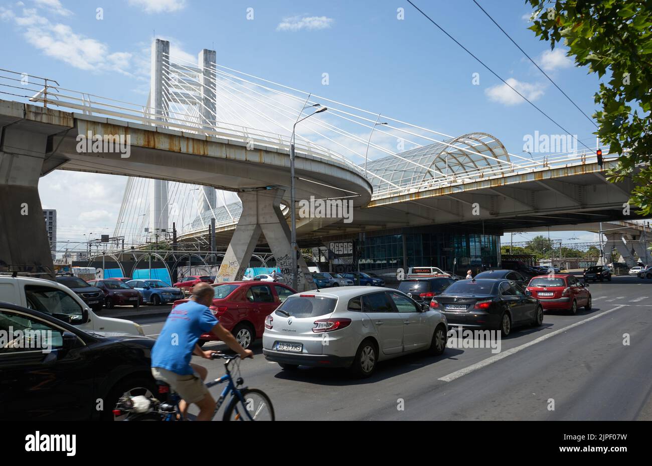 Bucharest, Romania - August 01, 2022: Basarab Bridge, the longest and the highest suspension bridge in Bucharest, Romania. Stock Photo