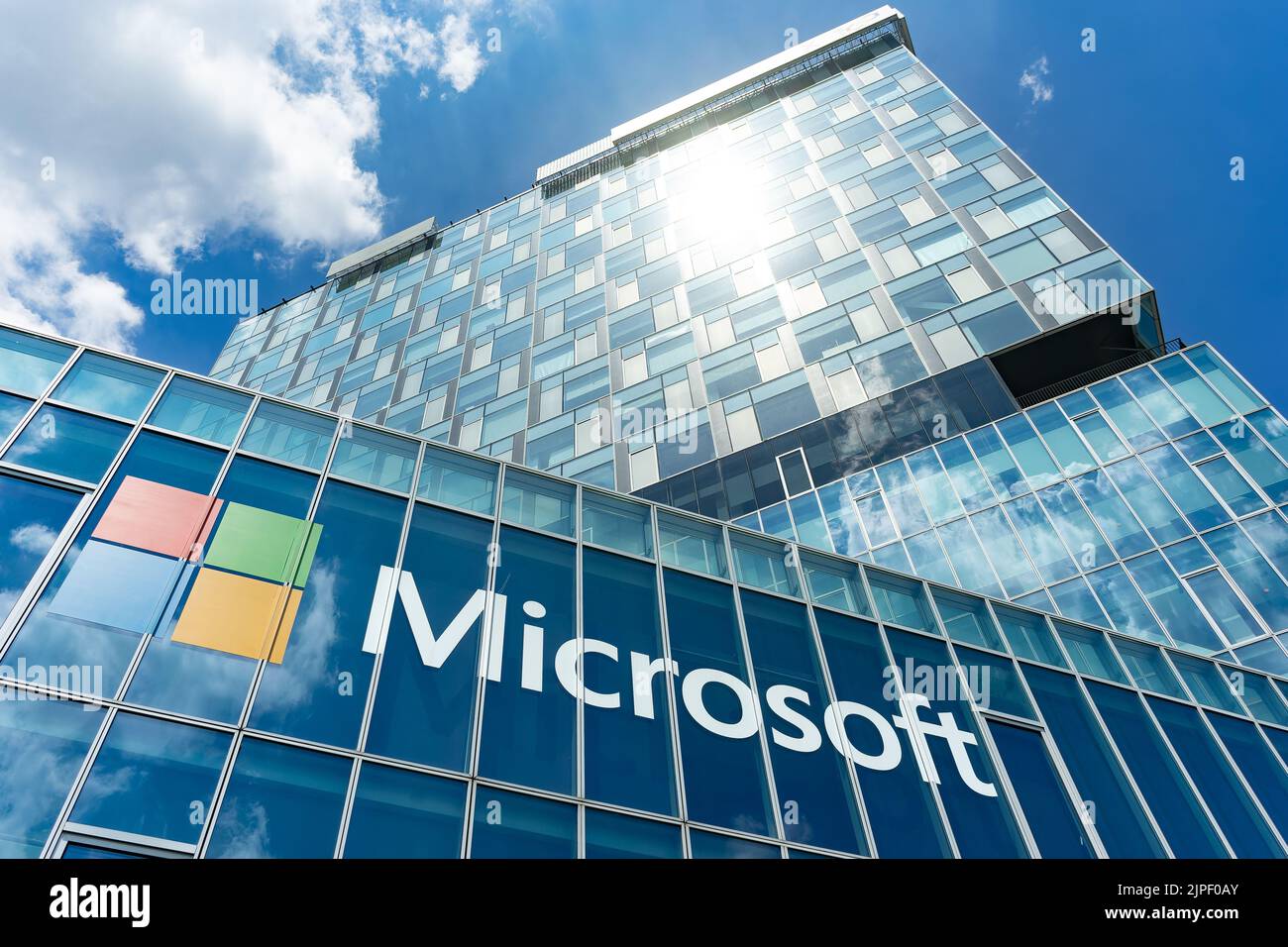 Bucharest, Romania - June 04, 2022: View of Microsoft Romania headquarters in City Gate Towers situated in Free Press Square, in Bucharest, Romania. Stock Photo